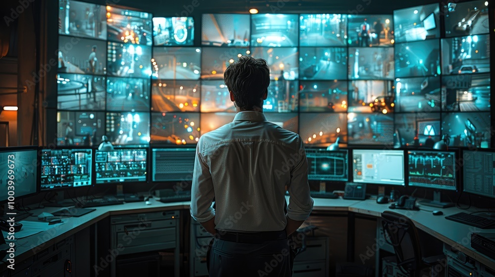Aufkleber A high-tech security control room with multiple screens displaying live footage from different parts of the facility, guards in white shirts is working.