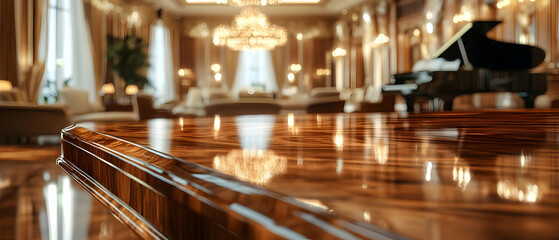Elegant dining room setting featuring polished wood furniture and a grand piano in the background.
