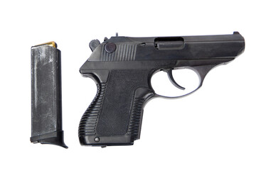 Semi-automatic pistol with a magazine isolated on a white background