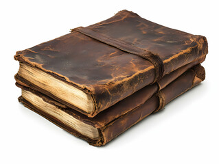 Stack of vintage leather-bound books with worn covers, showcasing a rich texture and history against a white background.