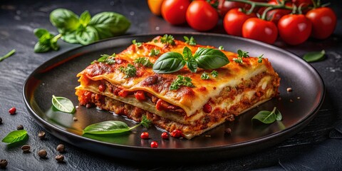 A single serving of lasagna with melted cheese, a rich meat sauce, and a garnish of fresh basil, sitting on a black plate.