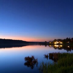 Obraz premium Tranquil Night Landscape: Serene Evening Views of the Lake and Blue Sky