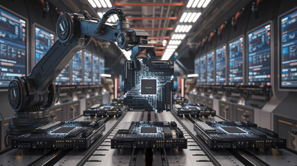 Fototapeta premium Futuristic Robotic Arm Assembling High-Tech Circuit Boards in Advanced Manufacturing Facility