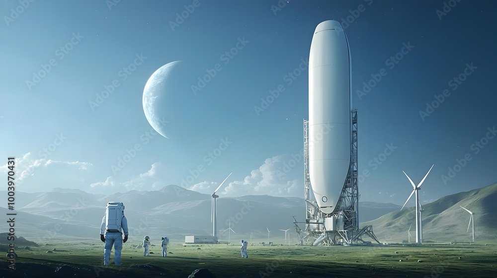 Poster Futuristic wind farm on the lunar surface with giant turbines generating renewable energy from powerful space winds symbolizing innovative clean energy solutions beyond Earth