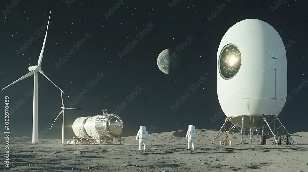 Aufkleber futuristic wind farm on the surface of the moon with giant turbines harnessing the powerful space wi