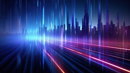 Abstract futuristic cityscape with glowing neon lights and speed lines. Concept of technology, progress, and innovation