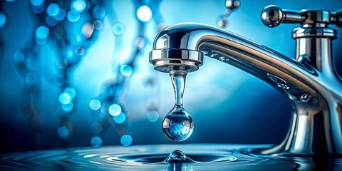 A single water droplet hangs suspended from a chrome faucet, reflecting the blue light of the background