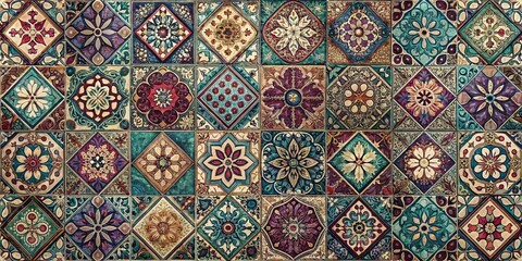A collection of intricate and colorful patterned tiles, showcasing a vibrant display of floral motifs and geometric designs, evoking a sense of historical artistry and cultural heritage.