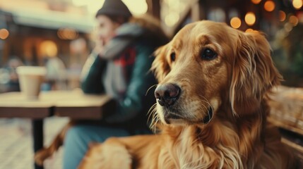 Golden retriever puppy sitting attentively in a cafe, looking at the camera. A warm and welcoming environment.