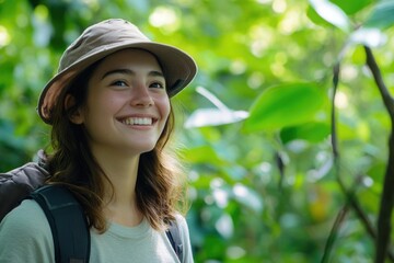 A cheerful woman hiking in a lush, tropical rainforest. She's wearing a backpack and smiling broadly at the camera.