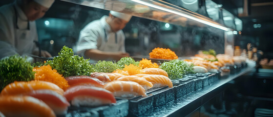 Delicious sushi assortment with chefs preparing fresh dishes in a vibrant restaurant setting.