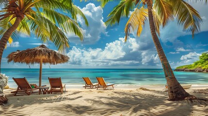 Tropical Beach Paradise with Palm Trees, Loungers, and a Thatched Umbrella