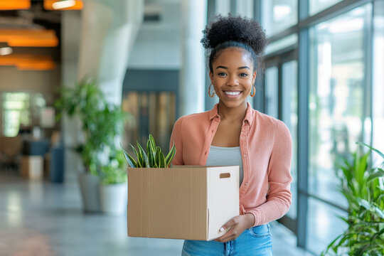 Young professional is smiling while holding a box with a plant inside of it at her new job