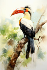 Obraz premium Vibrant Watercolor Hornbill Perched on a Branch