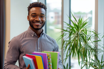 Young office worker is holding colorful notebooks in a modern office environment