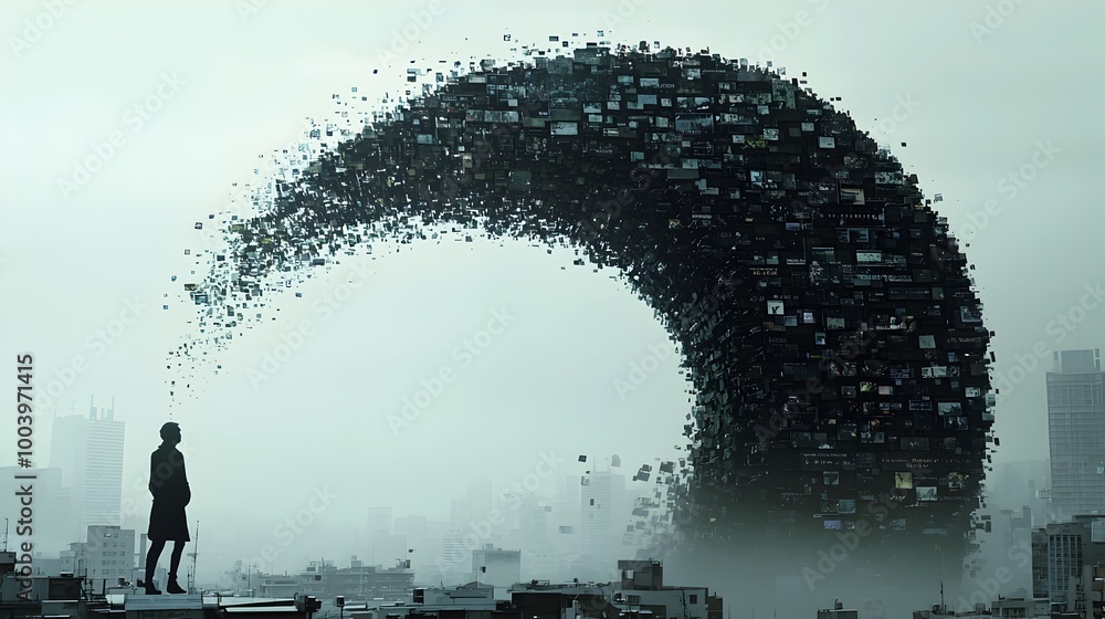 Aufkleber a captivating digital wave made up of cascading text and image fragments sweeping across a futuristi