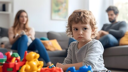 A child engrossed in playing with toys in the foreground while the parents sit on opposite ends of the couch in the background appearing to avoid eye contact