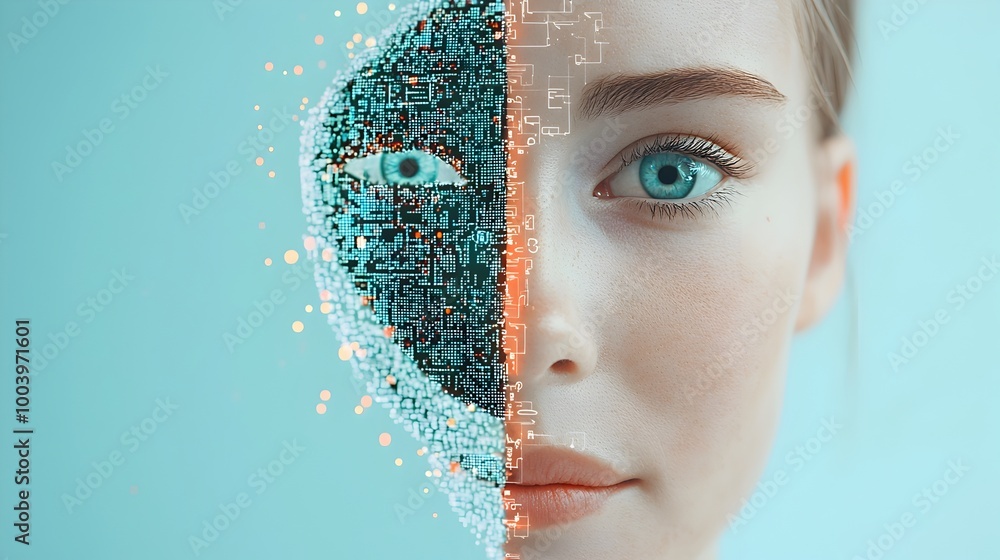 Aufkleber a captivating conceptual portrait showcasing the fusion of digital and analog elements
