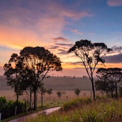 Obraz premium Twilight Tranquility: A Romantic Evening Surrounded by Trees and Landscape