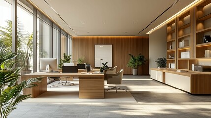 Modern Office Interior with Wooden Desk, Chairs, and Shelving