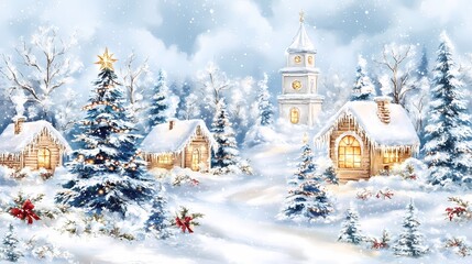 Vintage Winter Village Scene in Oil Painting Style