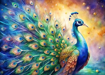 Fototapeta premium Majestic Peacock Displaying Vibrant Watercolor Feathers