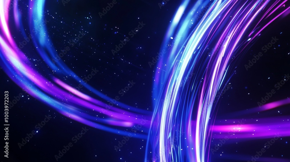 Poster flowing light trails form a futuristic portal with sparkling particles against a blue and purple bac