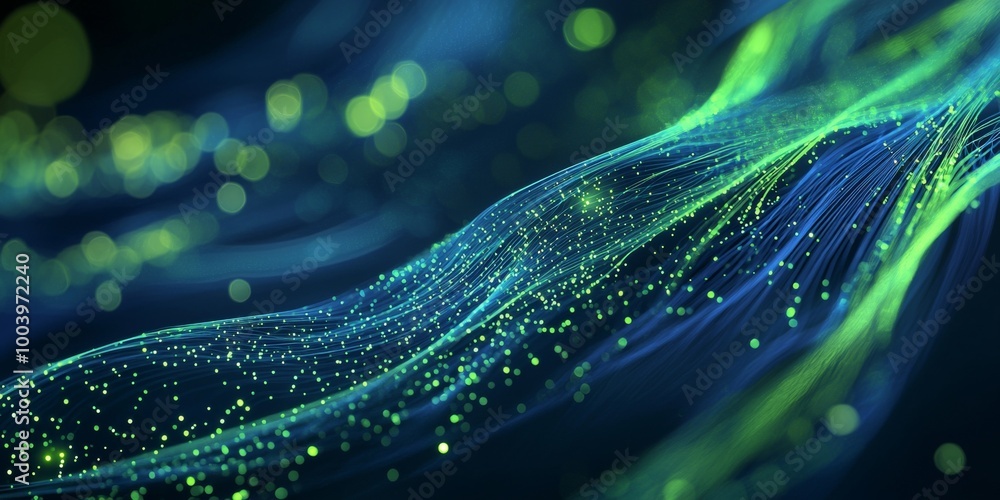 Poster abstract background with particles forming wavy lines and a blurry bokeh effect, ideal for technolog