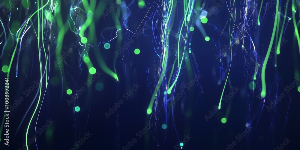 Poster abstract background showing green particles falling on blue background resembling a digital binary c