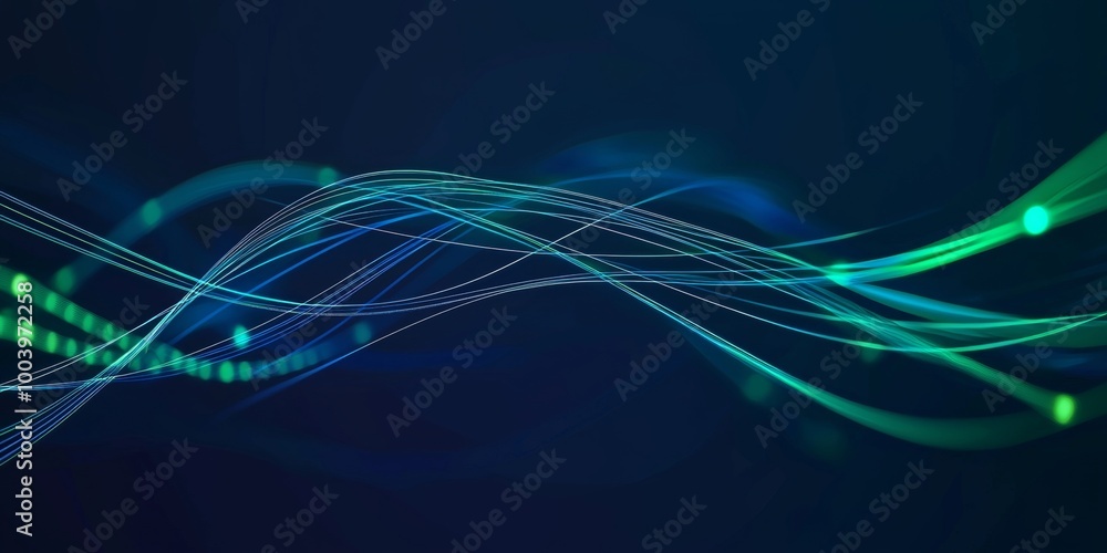 Poster Flowing particles form mesmerizing wave pattern in vibrant abstract background, perfect for tech and science projects. Evokes innovation and connection with elegant blue, green, and turquoise tones