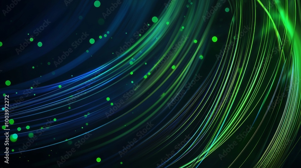 Poster swirling blue and green lights with glowing particles on abstract background, perfect for tech and m