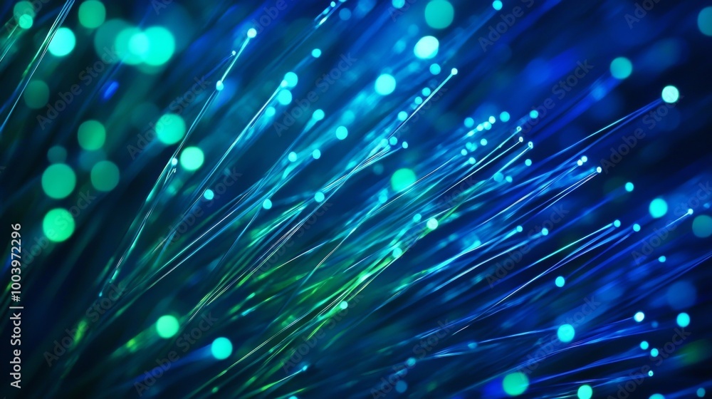 Poster numerous fiber optic cables are glowing and transmitting data with light pulses in a close-up shot. 
