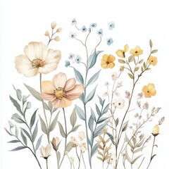 A botanical illustration featuring various delicate flowers and leaves.