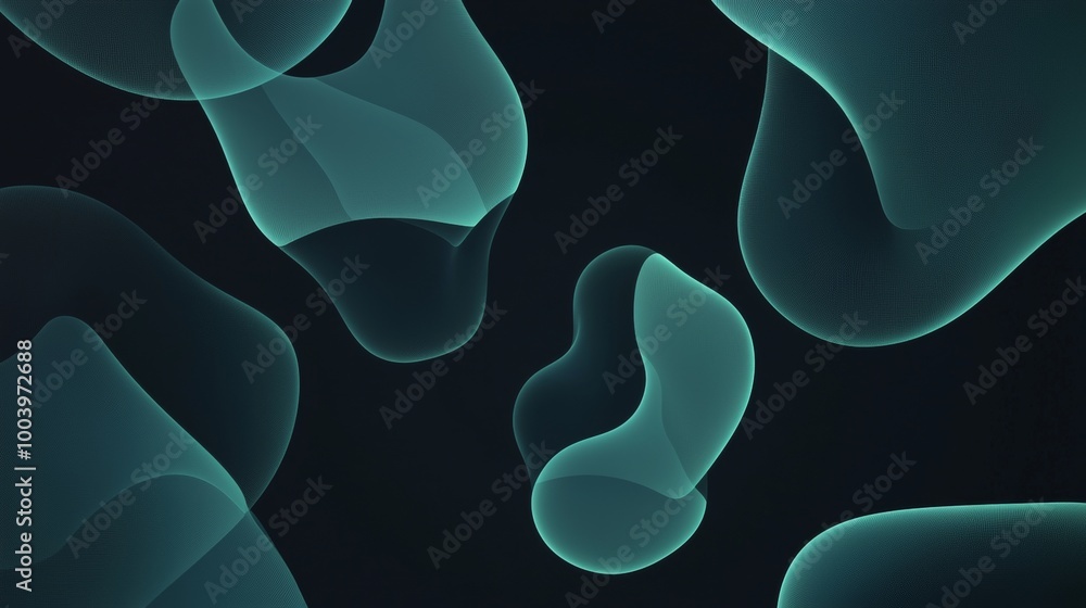 Poster abstract background with glowing green shapes floating on a dark background, perfect for websites, p