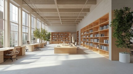 Modern Open Office with Large Windows, Wooden Desks, and Bookshelves