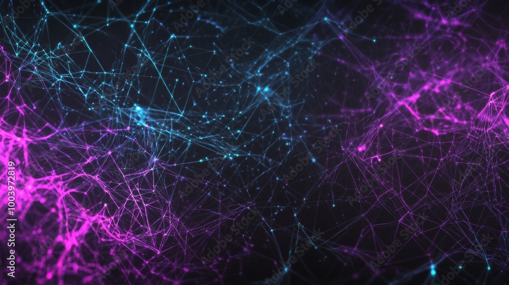Poster abstract network background showing lines and dots connecting on a dark background with a blue and p