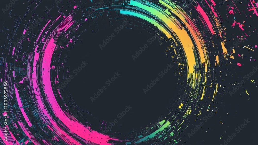 Poster colorful abstract technology background forming a circular shape with light trails and glowing parti