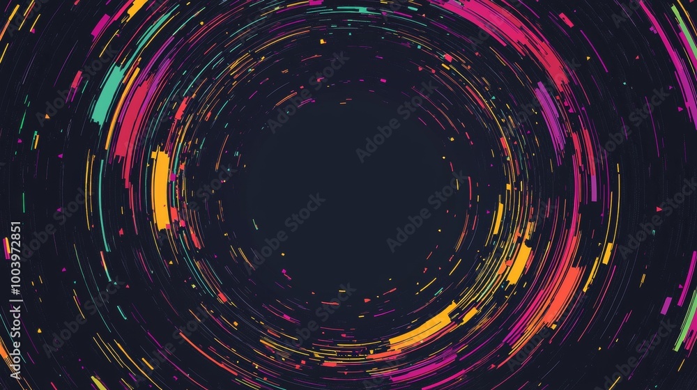 Poster colorful abstract circular lines and particles are swirling and rotating on a dark background, creat