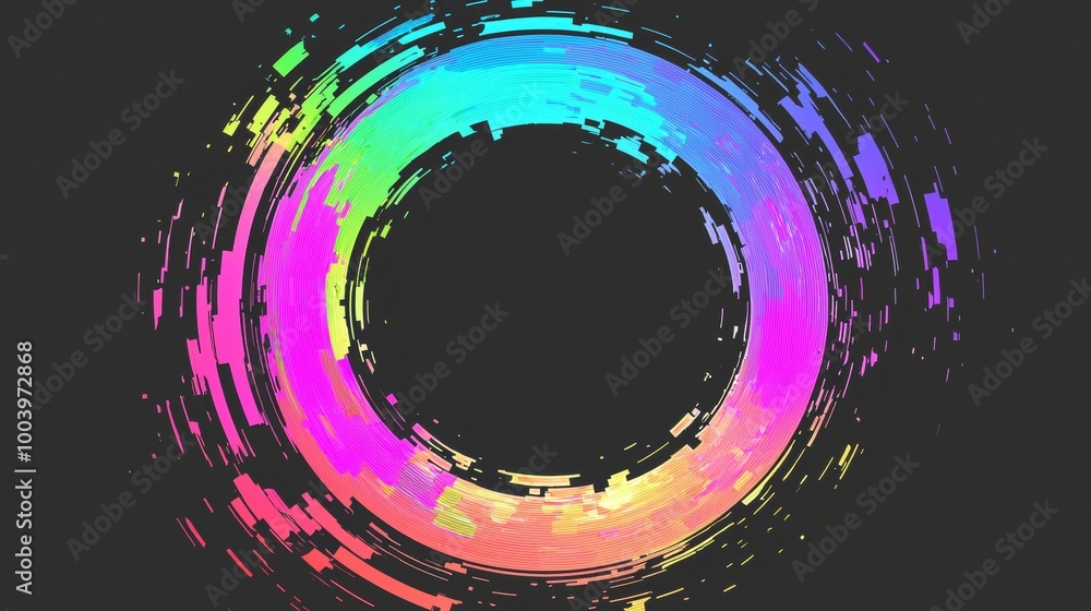 Poster bright neon colors form a circular pattern with a dark center, creating an abstract background with 