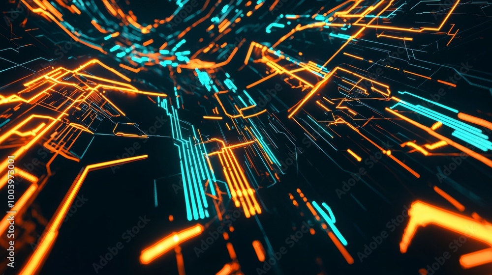 Poster futuristic glowing lines are forming an abstract cyberspace background with depth of field. this bri