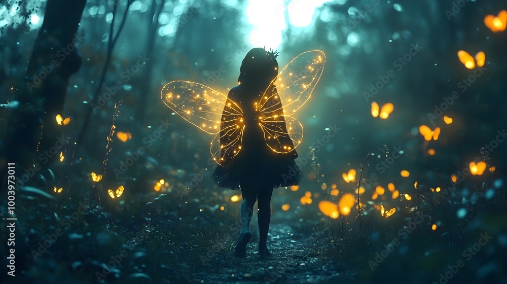 Aufkleber a fairy costume with glowing fluttering wings drifting through a mystical enchanted halloween forest