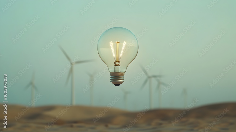 Aufkleber a floating lightbulb hovering above a desert landscape with wind turbines visible in the background