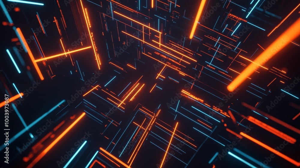 Poster glowing orange and blue neon lights form a futuristic tunnel, creating a sense of speed and movement