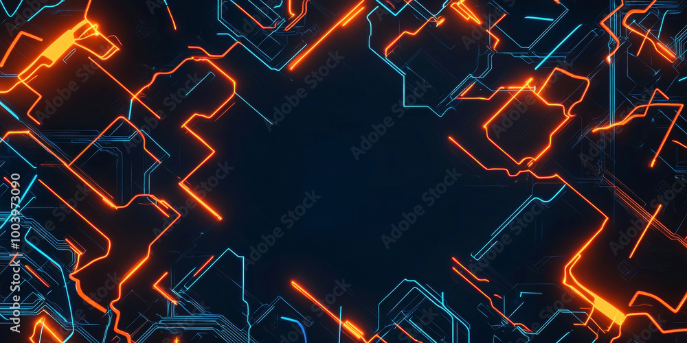 Poster abstract glowing lines forming a circuit board with a dark empty space in the middle, perfect for te