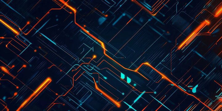 Abstract technology background with glowing orange and blue lines forming a complex network of connections, evoking a sense of advanced circuitry and digital innovation