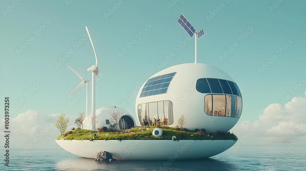 Poster a futuristic floating island powered entirely by renewable solar and wind energy with glowing sustai