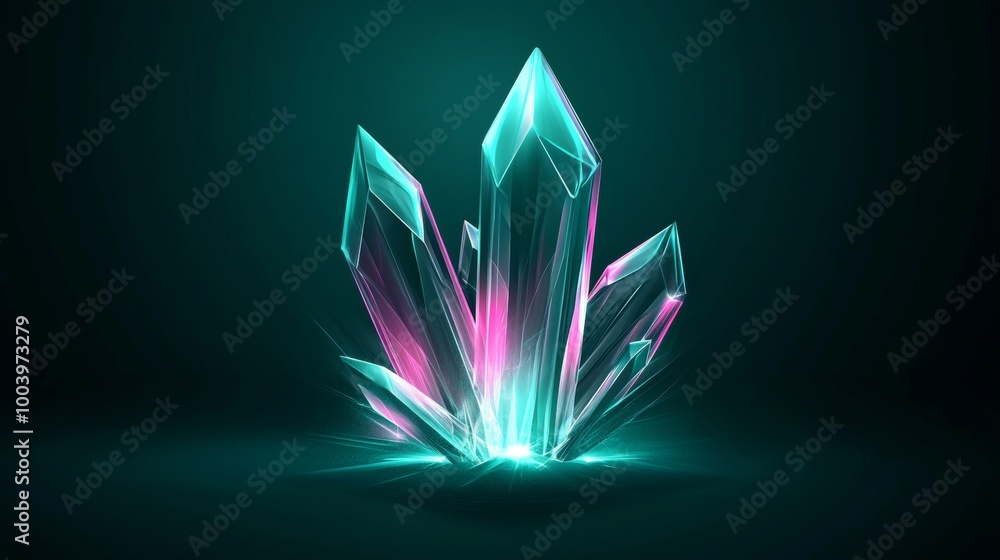 Poster cluster of shiny crystals with sharp edges is sparkling with teal and pink light. perfect image for 