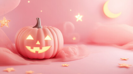 3D pumpkin with a charming smile, glowing softly, placed on a pastel pink background with whimsical Halloween elements like stars and moons.