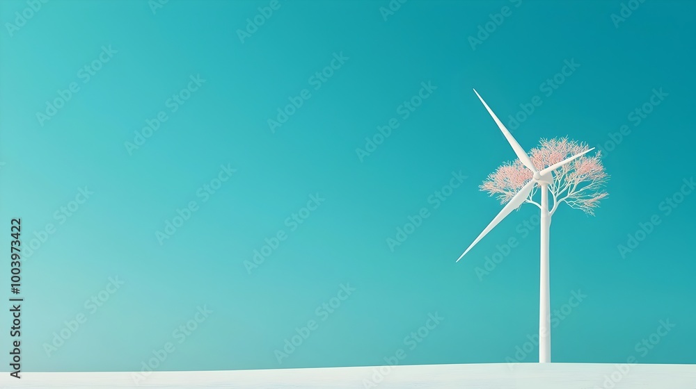 Poster A giant wind turbine with blades that appear to transform into tree branches symbolizing the harmony between nature and wind energy technology