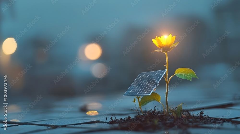 Poster a glowing solar panel planted in a garden resembling a luminous flower with vibrant rays of sunlight